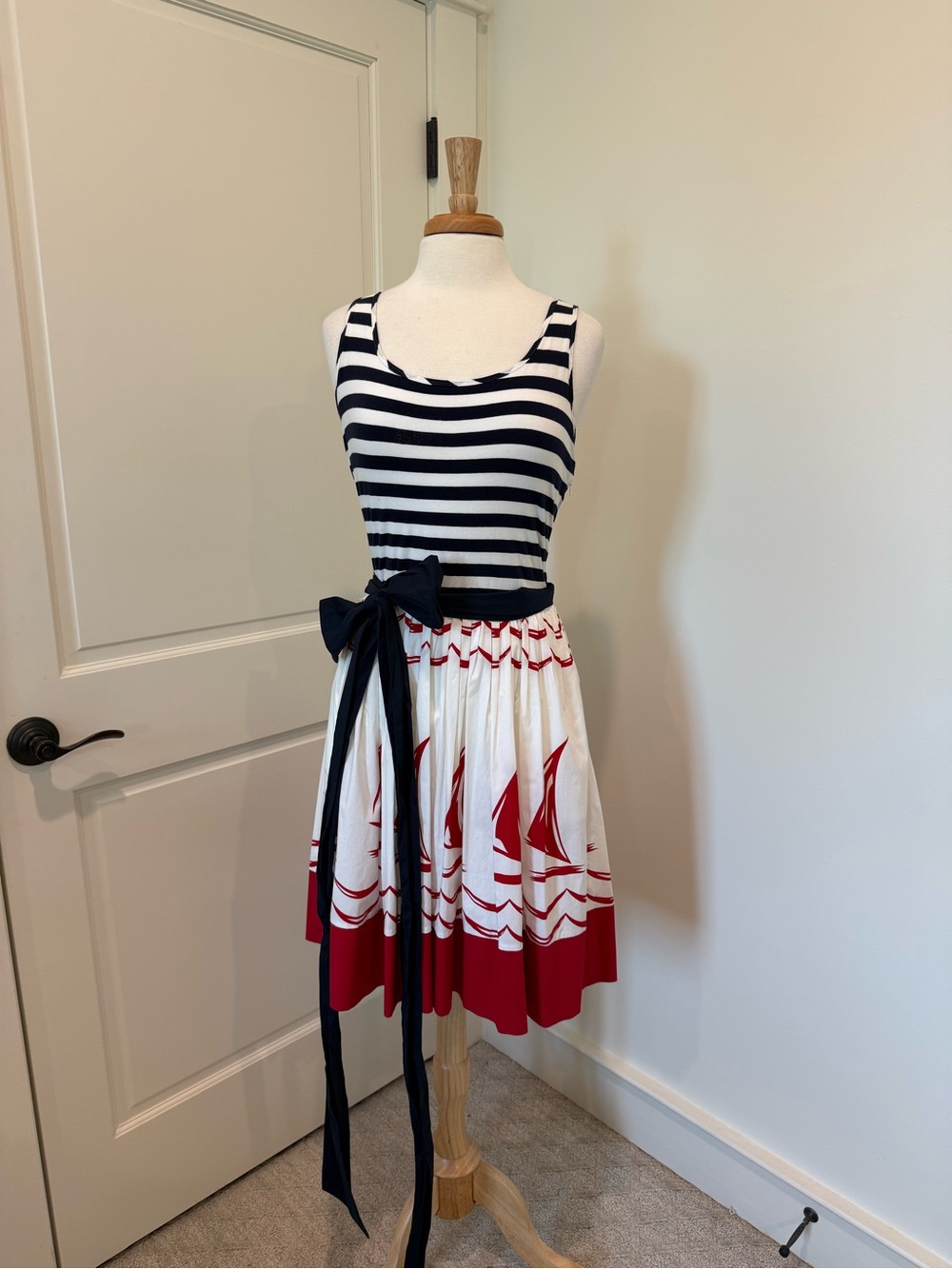 Dkny Navy Striped Nautical Sailboat Midi Dress with Red Skirt